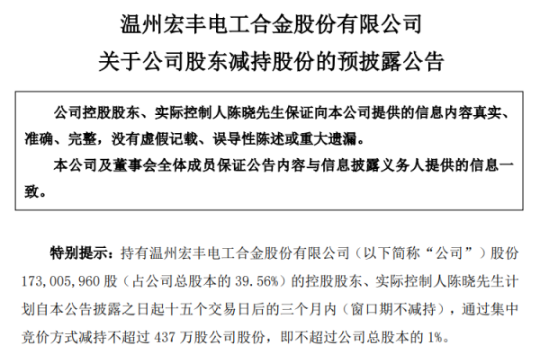 大赢家 温州宏丰：实控人拟减持不超1%股份